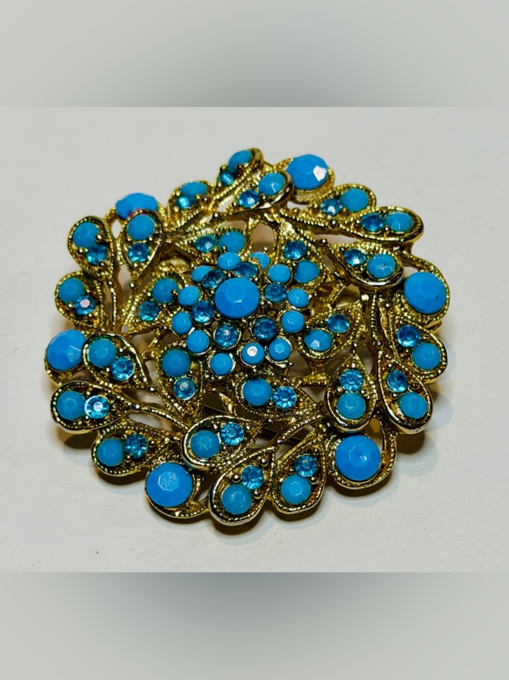 Vintage German Turquoise Rhinestone Brooch Hair Clip 2.25” Gold Tone Statement
